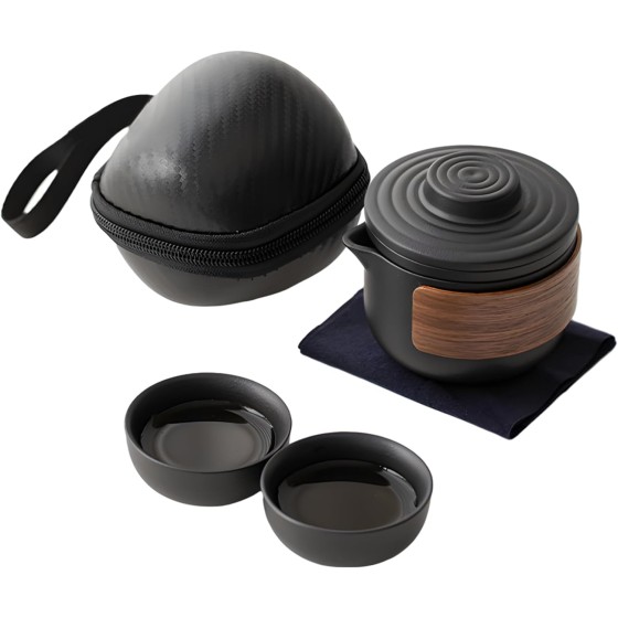 Portable Travel Tea Set, Chinese Kung Fu Tea Set with 1 Pot 2 Cups, Including Black Carry bag, Ceramic Tea Pot Kit, Ideal for Outdoor Camping, Office, and Travel