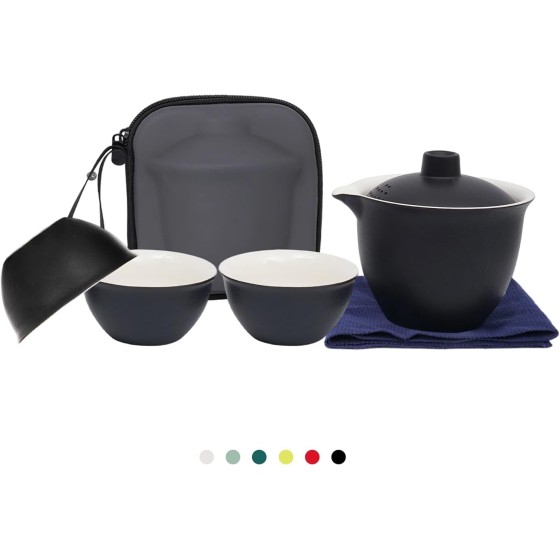 Porcelain Chinese Gongfu Tea Sets for Adults Portable Kungfu Teapot and Cup Set Small Ceramic Tea Party Set Travel Teaset with Lid for Home Gifting Outdoor and Office (Black)