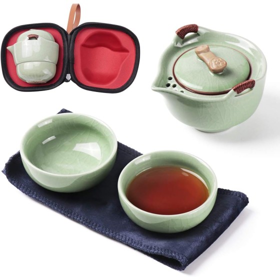 Travel Ceramic Tea Pot Set, Chinese Kung Fu Teapot 1 Pot 2 Mini Cup Porcelain Gongfu Teacups with Infuser Portable Bag All in One for Picnic Outdoor Camping Hotel