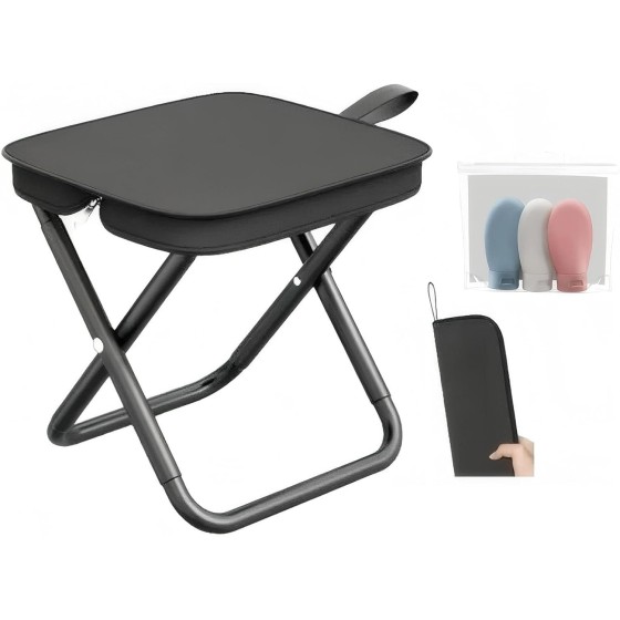 Portable Stool, Camping Stool 12inch Portable Folding Stool Small Folding Chair, Telescopic Compact Foldable Stool for Camping, Hiking, Outdoor Concert(3Pcs 60ML Travel Bottles Gift)