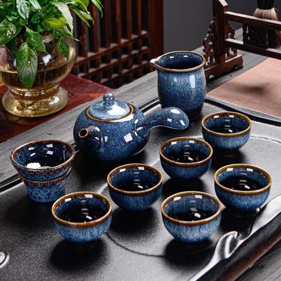 Chinese Ceramic Kung Fu Tea Set, 9-Piece Adult Tea Set Afternoon Tea Pot Set, Gift Boxed Set Perfect for Tea Lovers (blue, Medium Seitengriff)