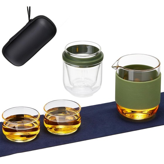 Glass Tea Set, Portable Small Gongfu Teapot with 1 Infuser, 2 Cups and 1 Master Mug, All in One Water Resistant Case for Travel, Business Trip, Hotel