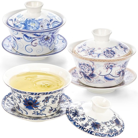 Set of 3 Chinese Tea Cups with Lid and Saucer, 10oz Large Porcelain Gaiwan Tea Mug Set, Handmade Tea Bowl, Traditional Chinese Ceramic Teaware Tea Brewing System for Home Office Kitchen