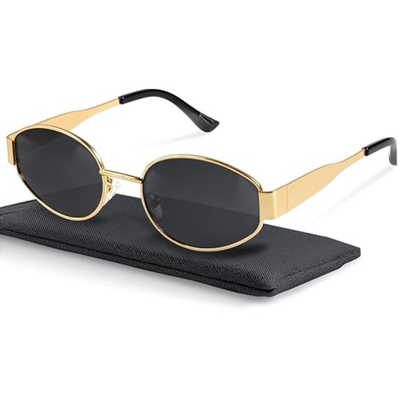 Retro Polarized Sunglasses - UV400 Protection, Oval Shape, Metal Frames - Matching Soft Case Inlcuded