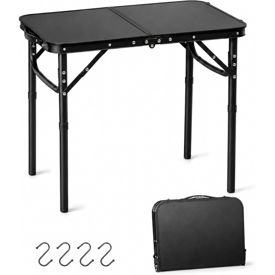 Reinforced Small Folding Table Portable, Small Foldable Camping Table, Heavy-Duty Mini Folding | 2 Adjustable Height | Lightweight Aluminum with Handle | 25" x 16" x 22", Black