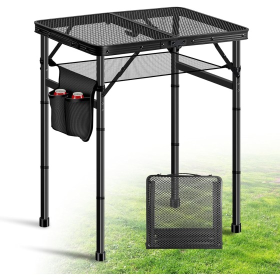 Upgraded Folding Grill Table - Metal Portable Camping Table, 3 Height Adjustable Max 28", Lightweight Foldable for Outside BBQ 24"x15.8"